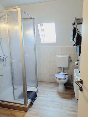 Regadera, toallas, jabón, papel de baño
