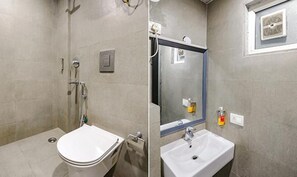 Dusj, regndusjhode, toalettartikler (inkludert) og håndklær