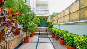 A narrow, tiled pathway flanked by potted plants leading to a building entrance.