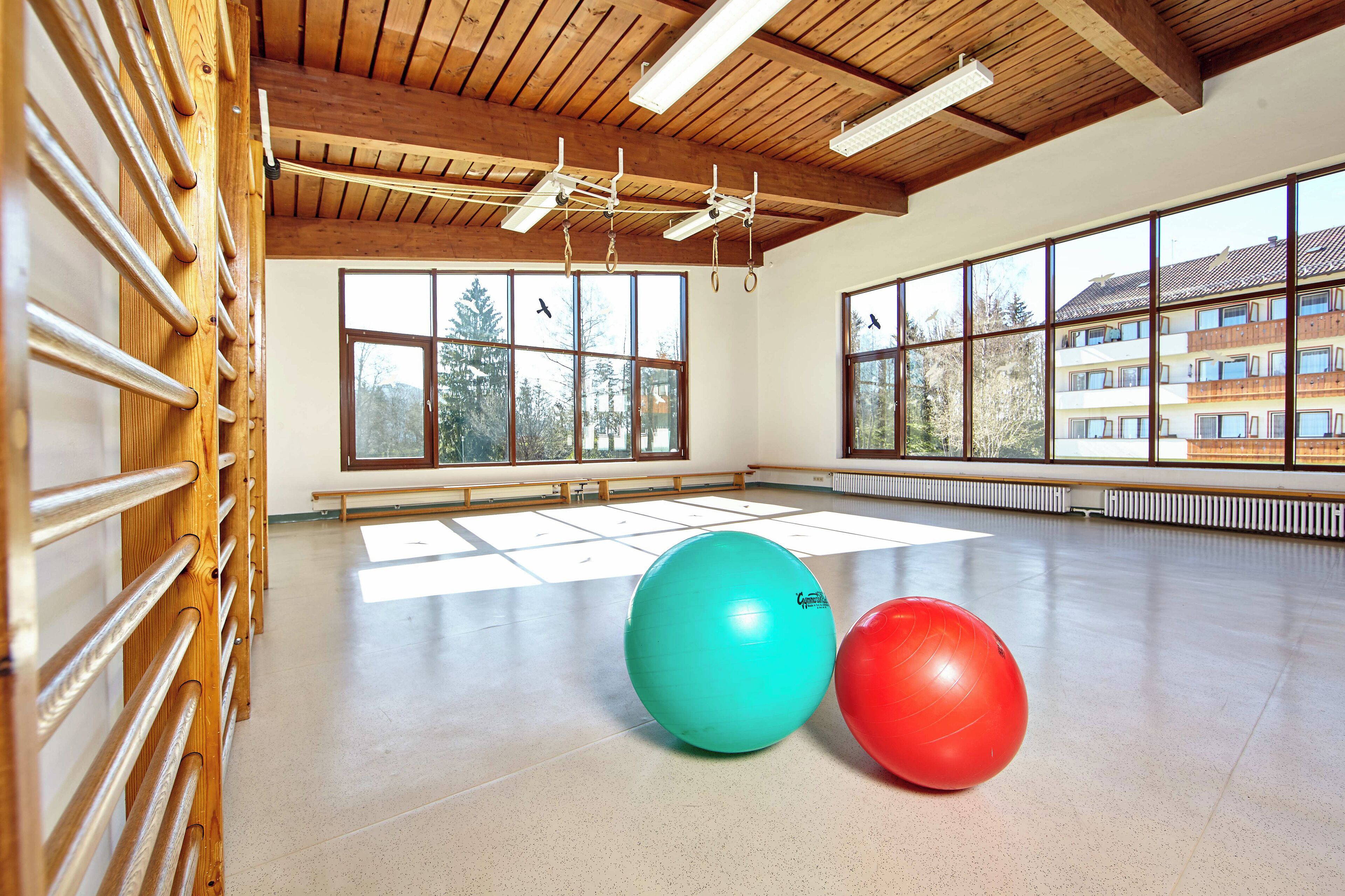 A spacious room with large windows, wooden beams, and exercise balls.