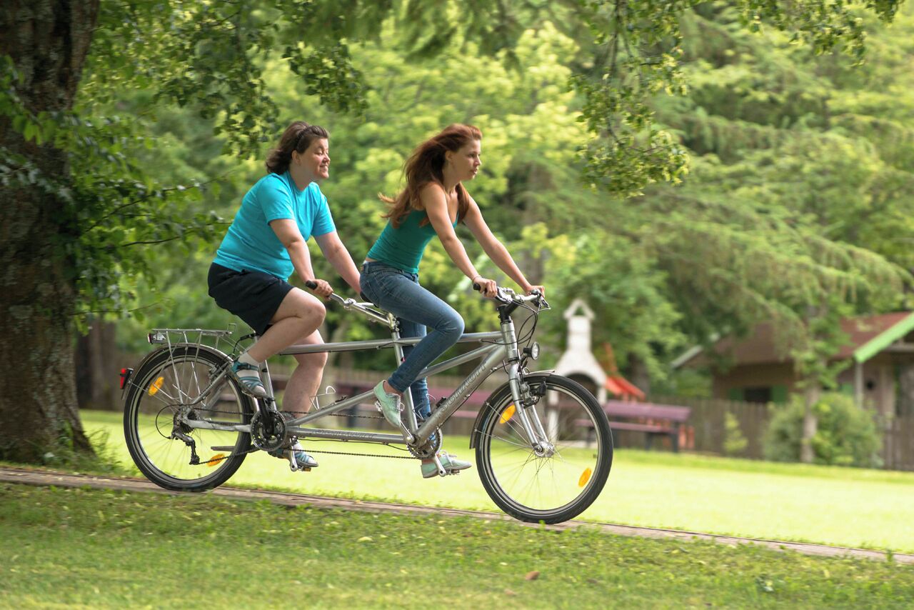Dos personas andan en bicicleta tándem por un sendero en un parque.