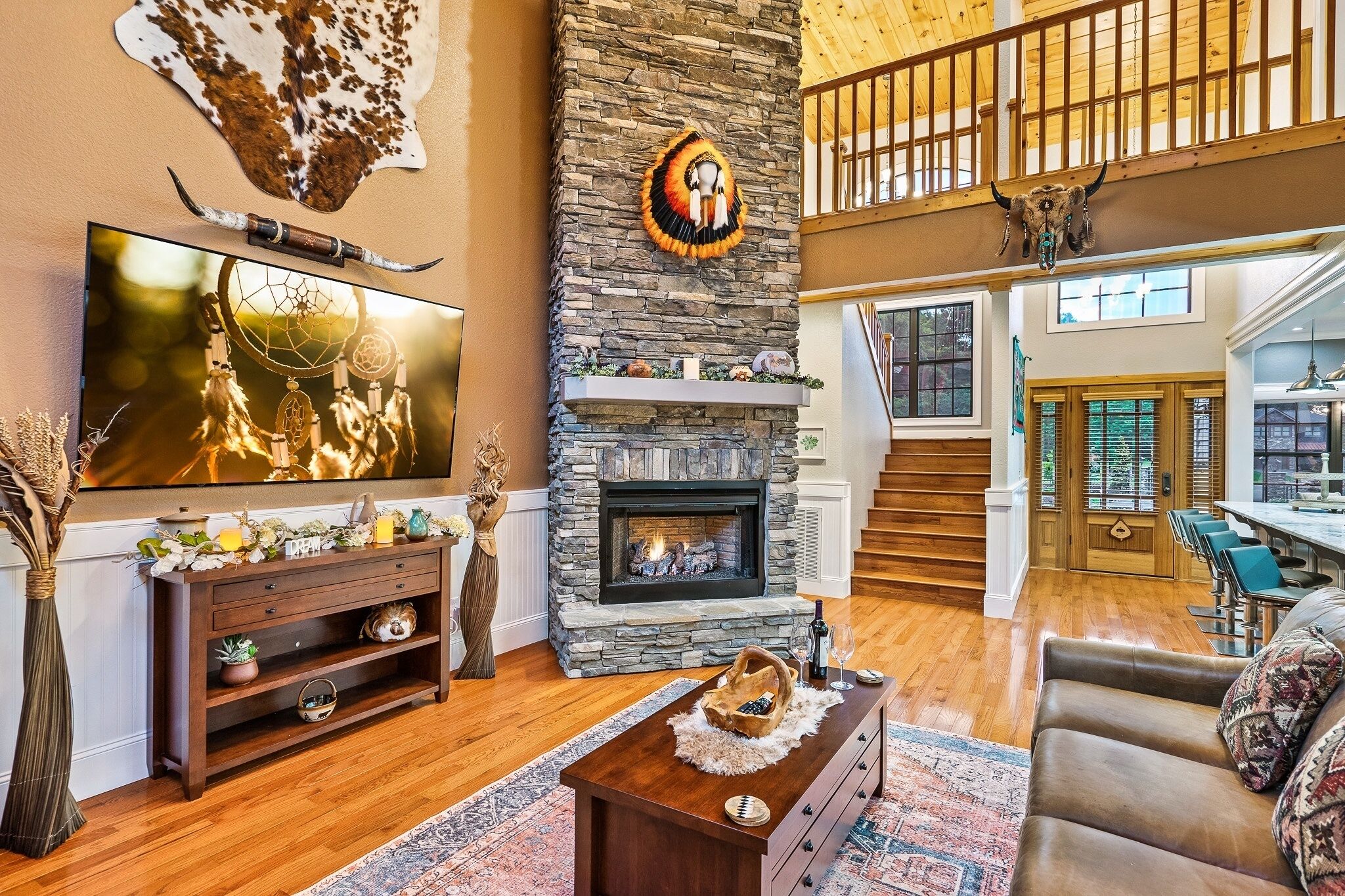 Smart TV, fireplace, video library