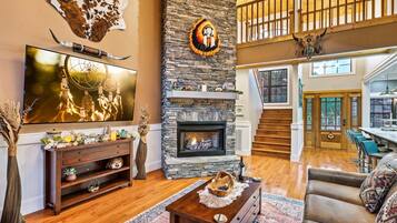 Smart TV, fireplace, video library