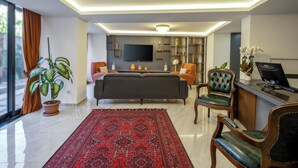 A modern living room with a sofa, chairs, a TV, and a potted plant. - Diamond Beyazıt Hotel (Istanbul)
