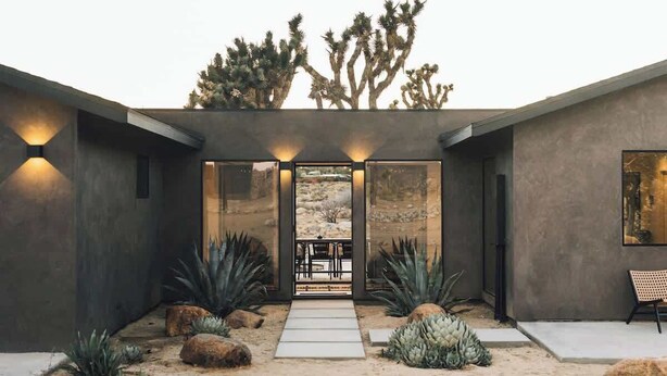 A modern house with a desert garden, featuring a pathway leading to a glass door, surrounded by cacti and rocks.