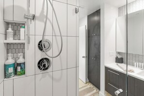 Shower, hair dryer, towels
