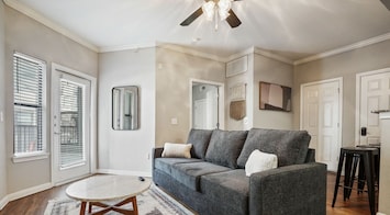 Two of two apartments - Open and large living room with sleeper sofa and smart tv