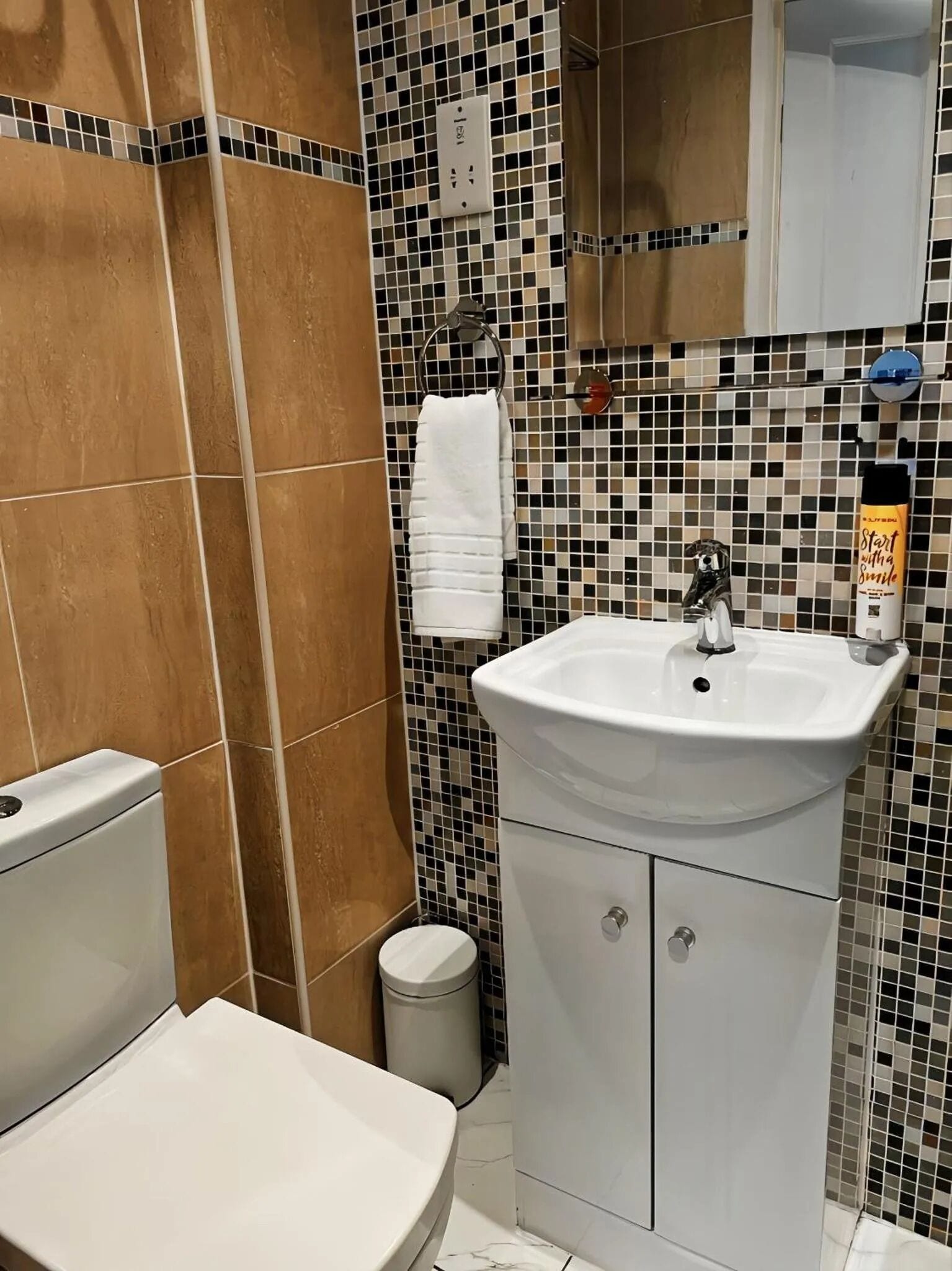 A bathroom with a white sink, a toilet, and a trash can. The walls are tiled with a mosaic pattern.