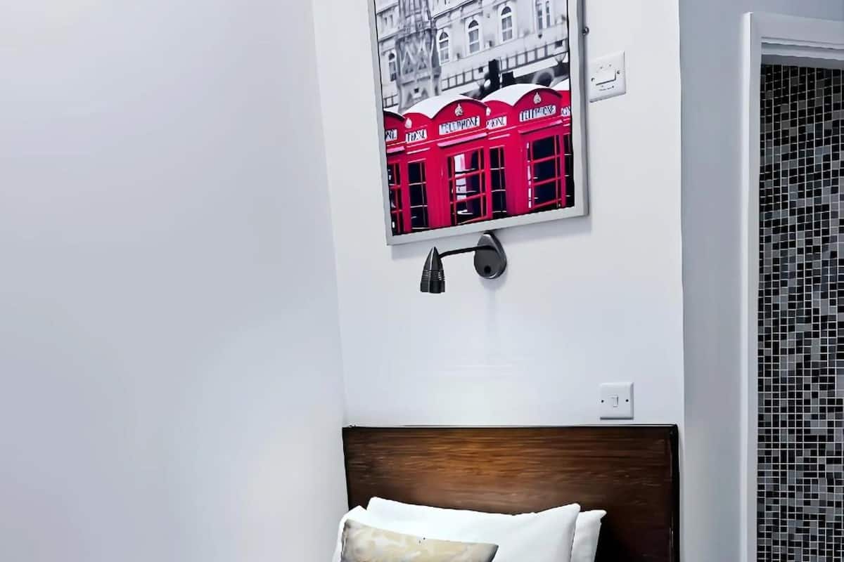 Un lit bien fait, avec du linge de lit blanc et un coussin à motifs, un luminaire fixé au mur et un tableau représentant un bâtiment rouge.