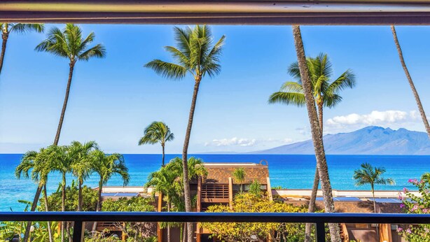 Une vue depuis un balcon donnant sur une plage bordée de palmiers, avec une montagne en arrière-plan.