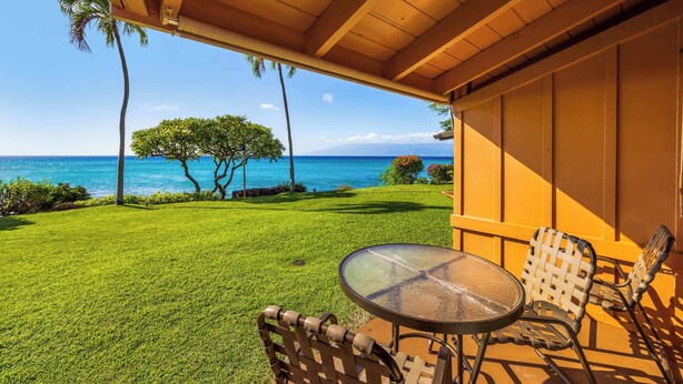 Eine überdachte Terrasse mit Tisch und Stühlen, die auf eine grüne Fläche mit Bäumen und Blick aufs Meer blickt.