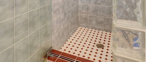 A shower area with a glass shower enclosure, a handheld showerhead, and a shelf with toiletries.