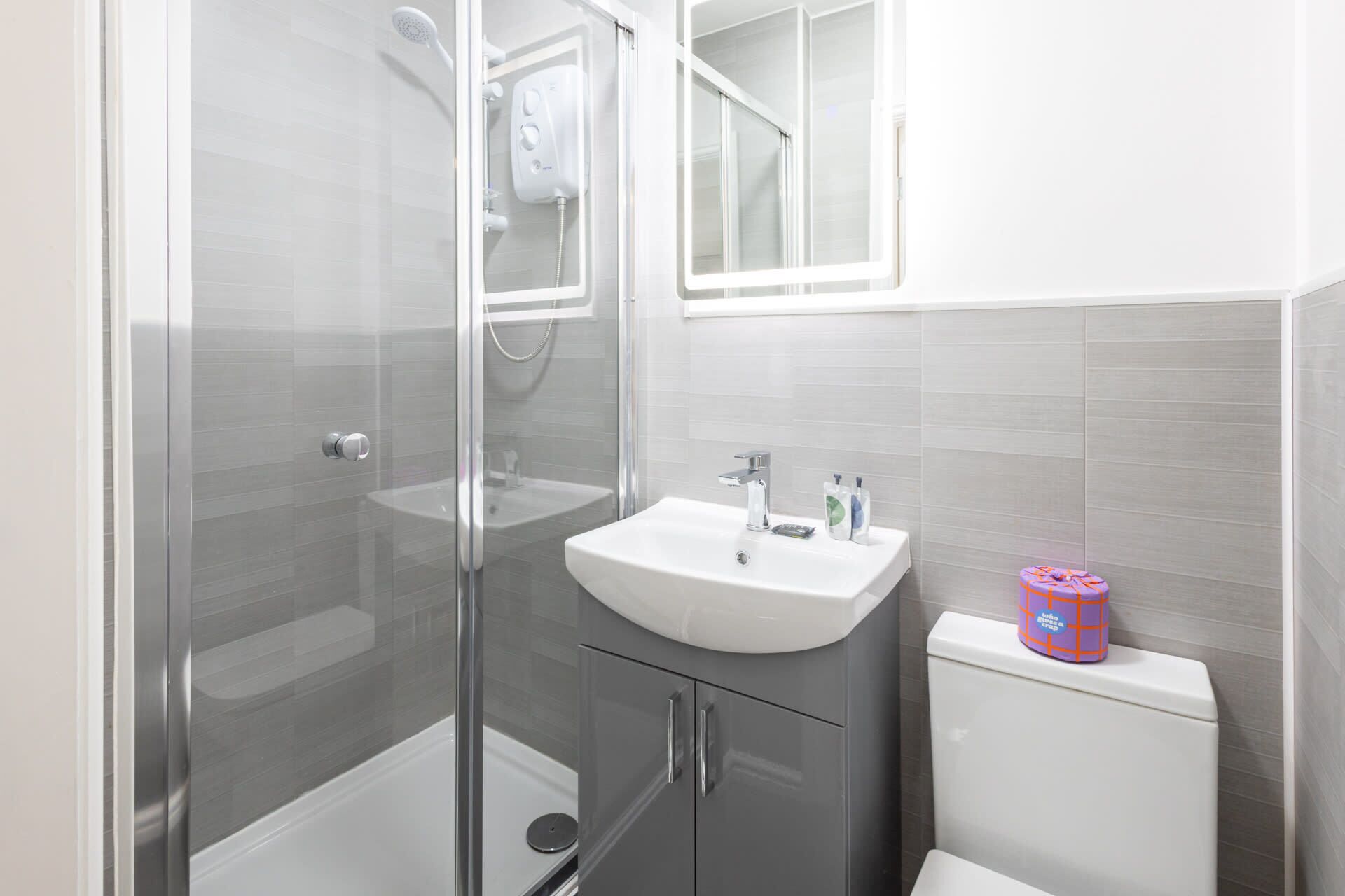 A modern bathroom with a glass-enclosed shower, a white sink, and a toilet.