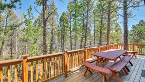 A wooden deck with picnic tables and a railing overlooking a forest. - 'mccall Creekside Cabin' Secluded Buena Vista Gem! (Buena Vista)
