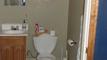 Hair dryer, towels, soap, toilet paper