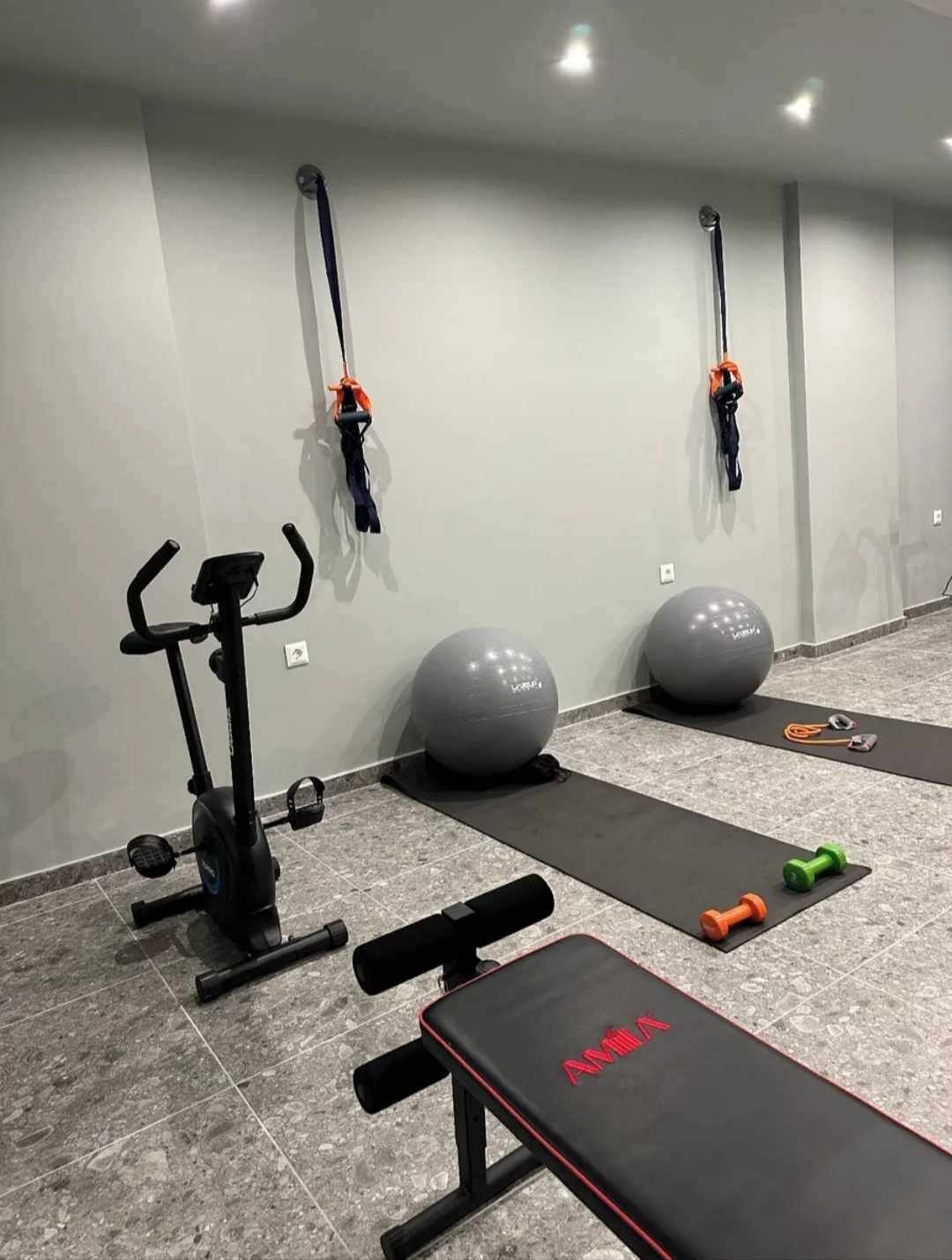A gym with exercise equipment, including a stationary bike, medicine balls, and a bench.