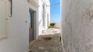 Une ruelle étroite avec un bâtiment blanc, une porte et un pot de fleurs placé sur les marches.