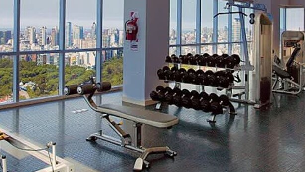 Ett gym med stora fönster, träningsmaskiner och hantlar.