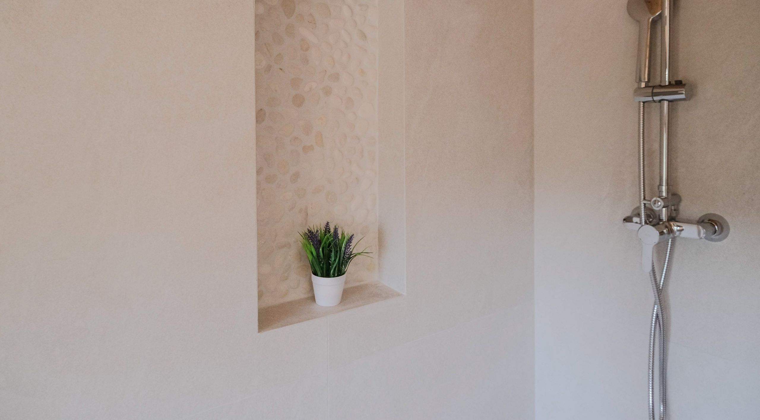A bathroom with a shower, a small shelf with a plant, and a wall with a textured pattern.