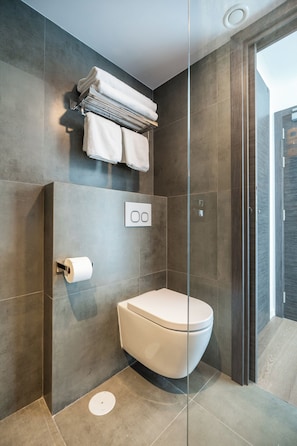 Douche, articles de toilette griffés, séchoir à cheveux