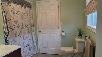 Chuveiro, secador de cabelo, toalhas de banho, sabonete