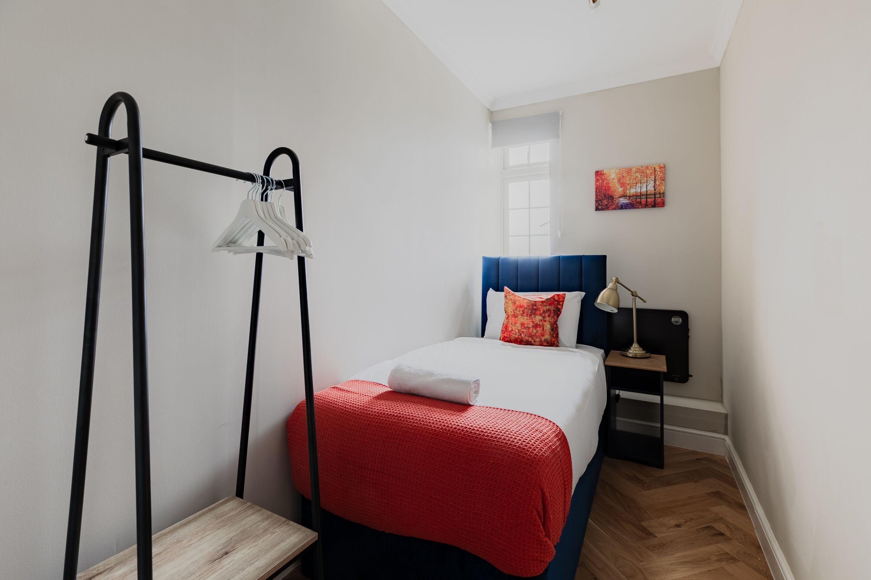 A hotel room with a bed, a nightstand, a lamp, a hanging clothes rack, and a painting on the wall.