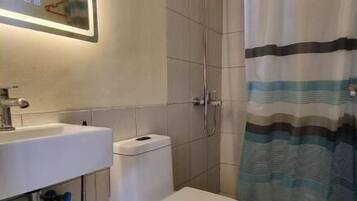Shower, hair dryer, bidet, towels