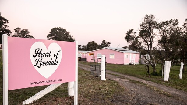 Ein Schild mit der Aufschrift 'Heart of Lovedale' und einer Webseite, ein rosafarbenes Gebäude und ein unbefestigter Weg.