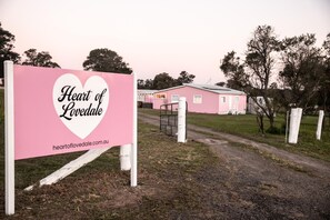 A sign with 'Heart of Lovedale' and a website address, a pink building, and a dirt path.