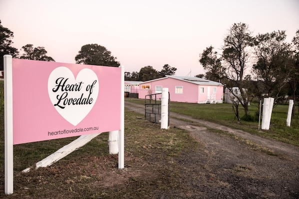 A sign with 'Heart of Lovedale' and a website address, a pink building, and a dirt path.