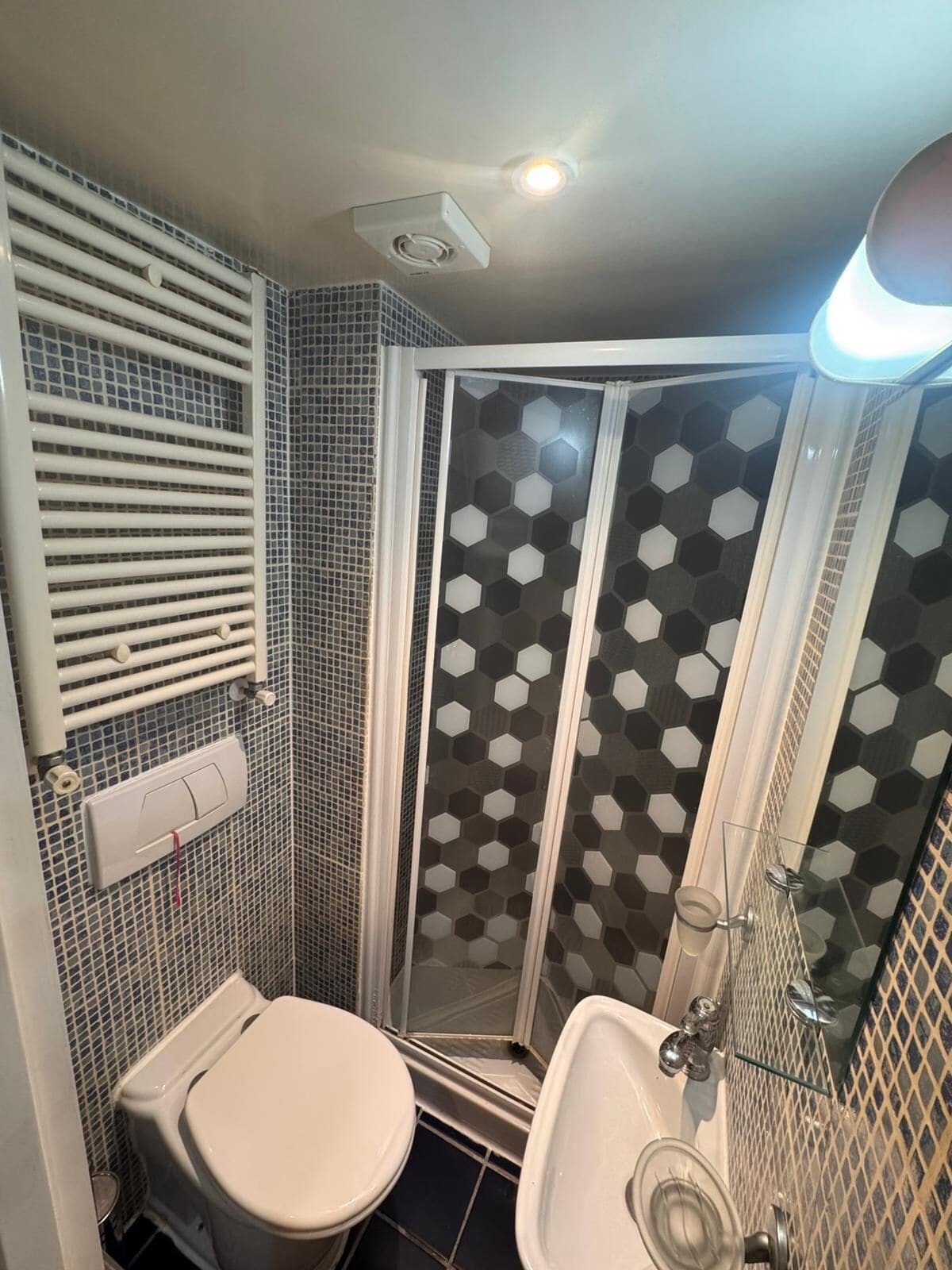 A bathroom with a toilet, bidet, and shower with a hexagonal tile pattern.