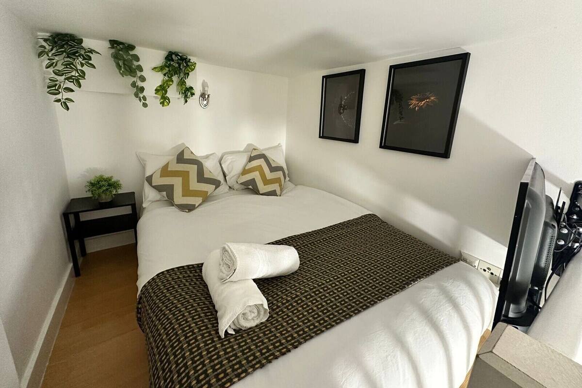 A neatly arranged bedroom with a bed, pillows, a small bedside table with a plant, and two framed pictures on the wall.