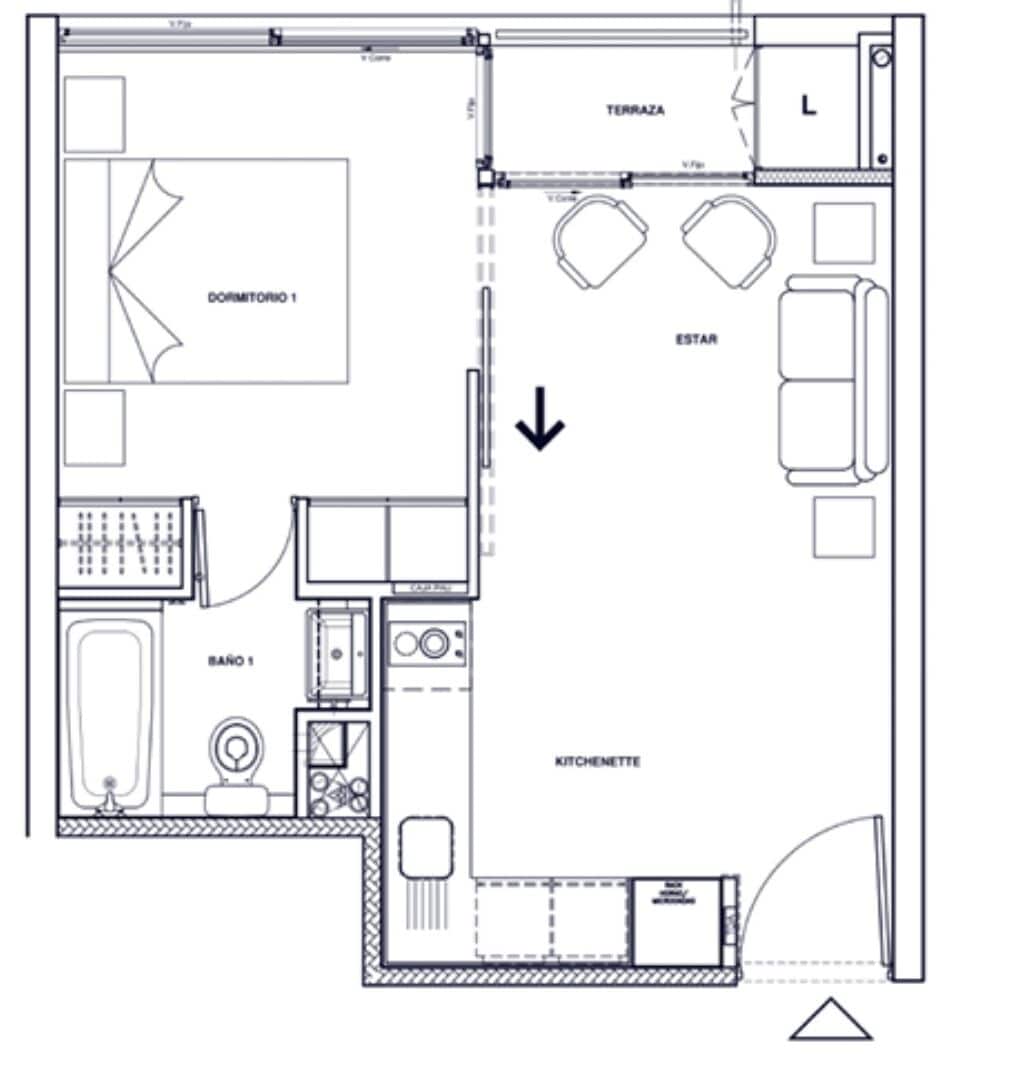 A floor plan of a hotel room with a ensuite bathroom, a kitchenette, a sitting area, and a bedroom.