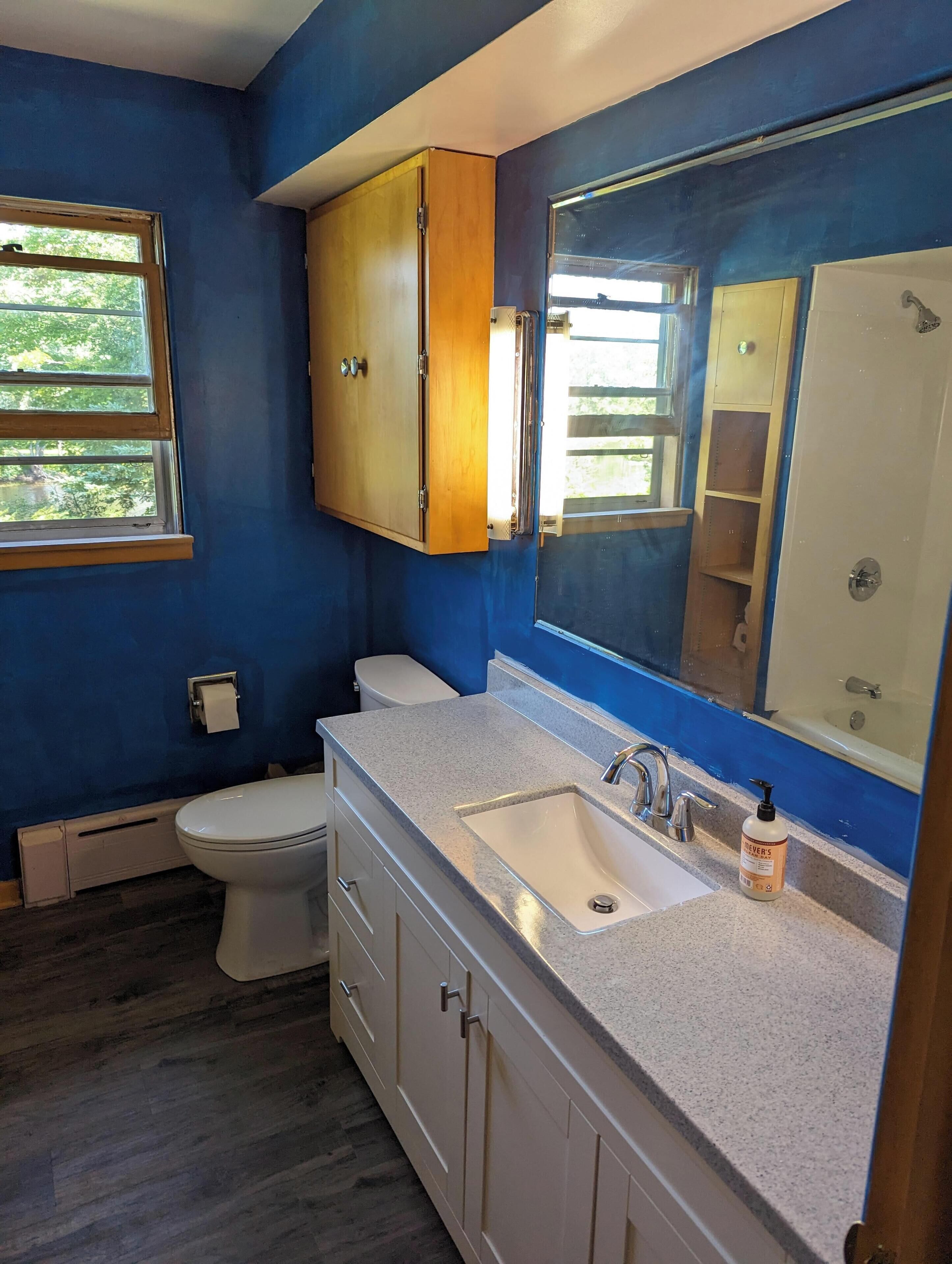 Een badkamer met blauwe wanden, een houten kast, een wit toilet, een wastafel met spiegel en een raam met uitzicht op groen.