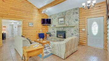 TV, fireplace, books