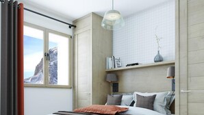 A modern bedroom with a bed, a window with curtains, a pendant light, and a bookshelf. - Wifi, swimming pool, terrace, balcony, tv, ski locker, 47-51m², Samoëns (Samoëns)