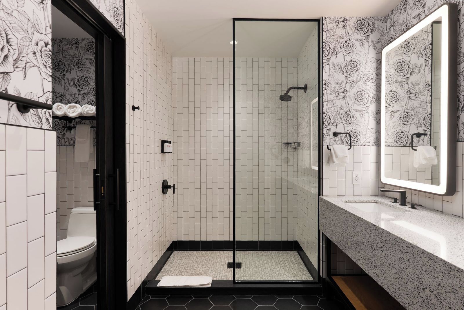 A modern bathroom with a glass-enclosed shower, a toilet, and a vanity with a mirror.