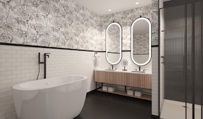 Premium Suite, 1 King Bed | Bathroom | Hair dryer, towels, soap, shampoo