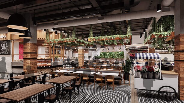 En restaurant med træborde og -stole, hængende planter og et sort-hvidt gulv.