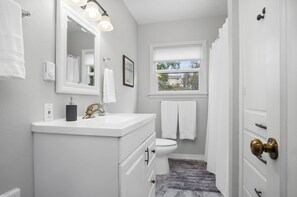 Hair dryer, towels, soap, toilet paper
