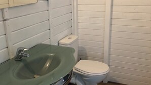 A bathroom with a green sink, white toilet, and wooden floor.