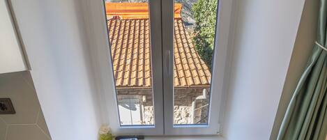 A small kitchen with a window overlooking a tiled roof and a mountain.