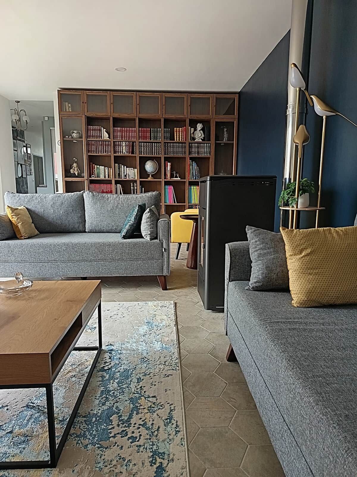 Smart TV, caminetto, libri