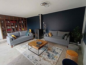 Smart TV, fireplace, books, stereo