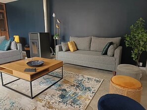 Smart TV, fireplace, books, stereo