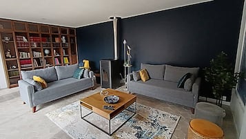 Smart-TV, Kamin, BĂŒcher, Stereoanlage