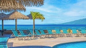 A poolside area with lounge chairs, a palm tree, and a view of the ocean.