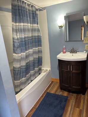 Hair dryer, towels, soap, shampoo