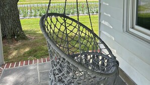 A hanging chair on a porch with a view of a green landscape and a tree. - Cozy and Clean Farmhouse in Mountains near Gettysburg. No extra cleaning fees! (Orrtanna)