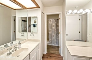 Hair dryer, towels, soap, shampoo